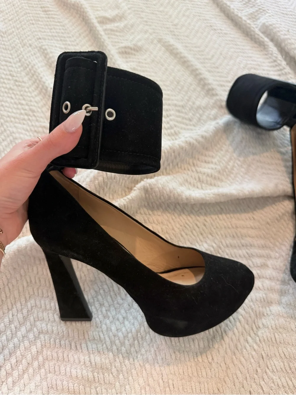 Celine Black Suede Platform Pumps with Buckle Ankle Cuffs